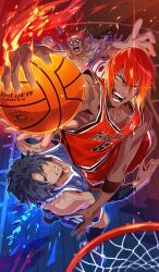 Rule 34 | 3boys, armpits, ashwatthama (buzzer beater) (fate), ashwatthama (fate), ball, bare shoulders, bartholomew roberts (buzzer beater) (fate), bartholomew roberts (fate), basketball, basketball (object), basketball hoop, basketball uniform, black hair, blue tank top, chaldea logo, clenched teeth, collarbone, commentary, dark-skinned male, dark skin, diffraction spikes, dynamic pose, elbow sleeve, english text, fate/grand order, fate (series), fire, from above, glowing, glowing eyes, green eyes, holding, holding ball, indoors, jersey, jumping, lu bu (fate), male focus, midair, multiple boys, muscular, muscular male, official art, open mouth, reaching, red hair, red tank top, senzaki makoto, shouting, sportswear, sweatband, tank top, tearing clothes, teeth, third-party source, toned, toned male, torn clothes