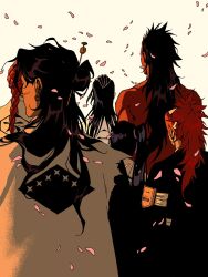 abarai_renji back black_hair black_kimono bleach braid braided_ponytail character_request falling_petals hair_bun half_updo highres japanese_clothes kimono kuchiki_rukia long_hair petals pink_petals side_ponytail simple_background size_difference teatimebanter topless_male upper_body