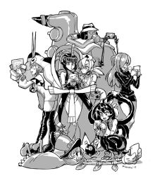 1boy 2017 6+girls anger_vein avery_(skullgirls) big_band black_hair bob_cut bomb boots breath cellphone cerebella_(skullgirls) choker coat collarbone cyborg dress eliza_(skullgirls) explosive fedora filia_(skullgirls) george_the_bomb gloves greyscale hair_over_one_eye hat headphones instrument kinuko_(kinucakes) latex latex_gloves long_hair mask monochrome multiple_girls musical_note necktie nurse_cap open_mouth parasoul_(skullgirls) peacock_(skullgirls) phone pleated_skirt ponytail respirator samson_(skullgirls) saxophone school_uniform sharp_teeth short_hair skirt skullgirls smartphone smile squatting sweatdrop sweater tablet_pc teeth thigh_boots thighhighs tiara tongue tongue_out top_hat turtleneck turtleneck_sweater valentine_(skullgirls) vice-versa_(skullgirls)
