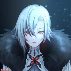 1girl arlecchino_(genshin_impact) black_hair coat coat_on_shoulders expressionless fur-trimmed_coat fur_trim genshin_impact highres light_particles multicolored_hair portrait red_pupils short_hair solo streaked_hair symbol-shaped_pupils two-tone_hair white_coat white_hair x-shaped_pupils yumikari07