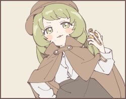 1girl :3 black_border black_skirt blush_stickers border brown_cape brown_hat bucket_hat buttons cape dutch_angle from_below green_eyes green_hair grey_background hand_on_own_hip hat high-waist_skirt highres holding holding_pocket_watch long_hair long_sleeves looking_at_viewer namori open_mouth original pocket_watch shirt simple_background skirt smug solo v-shaped_eyebrows watch white_shirt