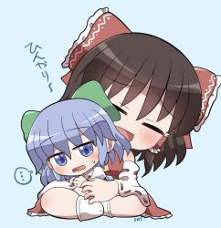 Rule 34 | ..., 2girls, :d, ascot, blue background, blue eyes, blue hair, blush, bow, brown hair, chibi, chibi only, cirno, closed eyes, commentary request, frilled bow, frilled hair tubes, frilled skirt, frills, full body, green bow, hair between eyes, hair bow, hair tubes, hakurei reimu, highres, ice, ice wings, multiple girls, no shoes, open mouth, red bow, red shirt, red skirt, rokugou daisuke, shirt, short hair, signature, simple background, sitting, skirt, sleeveless, sleeveless shirt, smile, socks, spoken ellipsis, sweatdrop, touhou, white socks, wings, yellow ascot