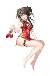 1girl ;d bare_arms bare_legs bare_shoulders barefoot bead_bracelet beads bell black_hair black_panties bracelet braid breasts brown_hair china_dress chinese_clothes cleavage cleavage_cutout clothing_cutout double_bun dress four_leaf_clover_hairstyle full_body green_eyes hair_bun hand_up highres holding holding_shoes jewelry leg_ribbon long_hair looking_at_viewer medium_breasts nijisanji one_eye_closed open_mouth panties red_dress ribbon shangdan_aner shoes short_dress side_slit sidelocks simple_background sitting sleeveless sleeveless_dress smile solo string_panties susu_(virtuareal) tassel thigh_strap thighs underwear unworn_shoes virtuareal white_background