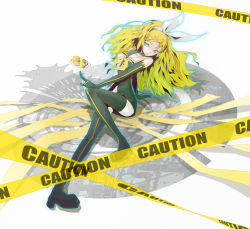 1girl blonde_hair boots bow caution_tape female_focus kagamine_rin legs long_hair meltdown neon_trim open_mouth plastick roshin_yuukai_(vocaloid) solo thigh_boots thighhighs vocaloid world_is_mine_(vocaloid)