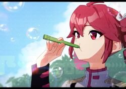 1girl ahoge belt black_belt blowing_bubbles blue_sky bow bubble bubble_pipe day drill_hair fin_gocco grey_jacket hair_between_eyes hair_bow highres jacket kasane_teto kasane_teto_(sv) portrait red_eyes red_hair red_trim shoulder_belt shoulder_boards sky solo synthesizer_v tree twin_drills utau white_bow
