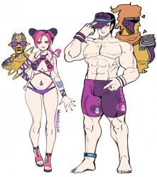 1boy 1girl abs absurdres adjusting_clothes adjusting_headwear anklet arm_tattoo bare_shoulders bikini black_hair bracelet braid braided_ponytail breasts brooch bun_with_braided_base butterfly_tattoo cleavage criss-cross_halter cropped_vest double_bun eyelashes eyeshadow father_and_daughter fingernails full_body hair_bun half-closed_eyes halterneck hand_on_headwear hand_on_own_hip hand_up hat hat_over_one_eye heart heart-shaped_hair heart_print highres jewelry jojo_no_kimyou_na_bouken kuujou_jolyne kuujou_joutarou large_breasts light_frown lipstick looking_at_viewer makeup male_swimwear multicolored_bikini multicolored_hair multiple_rings muscular muscular_male nail_polish navel_piercing open_clothes open_vest pale_skin piercing pink_bikini pink_eyeshadow pink_hair pink_lips print_bikini print_hat print_headwear purple-tinted_eyewear purple_bikini purple_eyes purple_hair purple_male_swimwear purple_nails purple_swim_trunks ring sandals short_hair simple_background smile stand_(jojo) standing star_(symbol) star_brooch star_piercing star_platinum stone_free stone_ocean sunglasses swim_trunks swimsuit tattoo tinted_eyewear toenail_polish toenails topless_male two-tone_hair unraveling vest visor_cap wanderjegson white_background white_vest wristband yellow_eyes