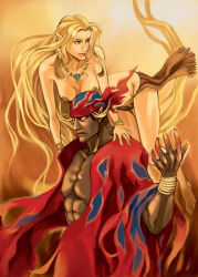 1990s_(style) 1boy 1girl bandana barbariccia barefoot bikini blonde_hair bracelet final_fantasy final_fantasy_iv horns jewelry kareji loincloth long_hair lots_of_jewelry necklace pointy_ears rubicante swimsuit very_long_hair