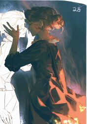 Rule 34 | 2girls, absurdres, black dress, brown hair, burning, character request, closed eyes, dayang17137, dress, face-to-face, fire, hair bun, highres, multiple girls, portrait of a lady on fire, profile, single hair bun, updo, yuri