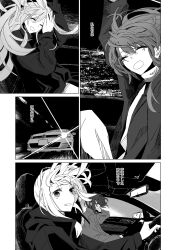2girls bocchi_the_rock! cat clenched_teeth closed_eyes commentary_request driving floating_hair greyscale highres ijichi_nijika juppa_sento long_hair long_sleeves monochrome multiple_girls open_mouth short_hair teeth translation_request yamada_ryo
