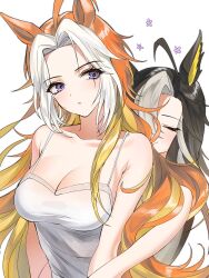 2girls affectionate ahoge animal_ears bare_shoulders black_hair blonde_hair breasts cleavage closed_eyes closed_mouth commentary curtained_hair dream_journey_(umamusume) dress flower front-to-back height_difference highres horse_ears horse_girl hug hug_from_behind long_hair multicolored_hair multiple_girls nijuke2 no_eyewear orange_hair orfevre_(umamusume) purple_eyes siblings simple_background sisters smile umamusume upper_body white_background white_dress white_hair