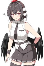 1girl absurdres alternate_costume belt bird_wings black_necktie black_skirt black_thighhighs black_wings blush breasts brown_hair collared_shirt commentary hat highres large_breasts looking_at_viewer necktie open_mouth pleated_skirt pom_pom_(clothes) red_eyes red_hat rise_(rise19851203) shameimaru_aya shirt simple_background skirt sleeveless sleeveless_shirt solo squiggle thighhighs tokin_hat touhou white_background white_shirt wings