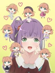 Rule 34 | &gt;:), 6+girls, :d, :o, ;d, aqua neckerchief, artist name, beret, black hat, black jacket, black skirt, blue dress, blush, brown dress, cerise bouquet, chibi, closed mouth, commentary, deepness (love live!), double bun, dream believers, dress, flower, genyo yako, gloves, green eyes, grey dress, hair bun, hair flower, hair ornament, hairband, hands on own cheeks, hands on own face, hasu no sora school uniform, hat, heart, highres, hinoshita kaho, holiday holiday (love live!), jacket, japanese clothes, kimono, link! like! love live!, long hair, long sleeves, love live!, medium dress, mini person, minigirl, miyano anzu, multicolored dress, multiple girls, multiple persona, neckerchief, obi, official alternate costume, oka ranman (love live!), on head, one eye closed, open mouth, otomune kozue, person on head, person on shoulder, pink dress, pink kimono, puffy short sleeves, puffy sleeves, purple hair, red flower, red neckerchief, reflection in the mirror (love live!), sailor collar, sailor dress, sash, school uniform, short sleeves, side ponytail, sidelocks, signature, simple background, single-shoulder dress, single side bun, sitting, sitting on head, sitting on person, skirt, smile, split mouth, suisai sekai, summer uniform, tassel, tassel hair ornament, v-shaped eyebrows, virtual youtuber, wavy mouth, white dress, white gloves, white hairband, white sailor collar, winter uniform, yellow background, yellow hairband, yellow sash