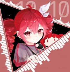 1girl ahoge blush bow buttons double-breasted double-parted_bangs fingernails grey_jacket hair_between_eyes hair_bow hair_ribbon highres hito_mania_(utau) jacket kasane_teto kasane_teto_(sv) layered_sleeves looking_at_viewer red_eyes red_hair red_nails ribbon shoulder_belt smile sn_0589216 striped_clothes striped_jacket synthesizer_v utau white_bow white_ribbon