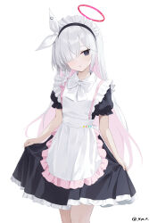 1girl absurdres alternate_costume apron black_dress black_eyes blue_archive blush bow colored_inner_hair commentary dress enmaided hair_over_one_eye hairband halo highres kmp_(kenma_pro) long_hair long_sleeves looking_at_viewer maid multicolored_hair one_eye_covered pink_hair plana_(blue_archive) red_halo red_pupils simple_background solo white_apron white_background white_bow white_hair white_hairband