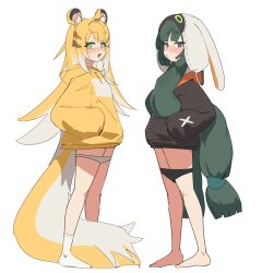 2girls absurdres alternate_costume animal_ears black_panties blush full_body green_eyes green_hair gya_rb hands_in_pockets highres hood ju_fufu loli long_hair looking_at_viewer multiple_girls panties panty_pull qingyi_(zenless_zone_zero) simple_background standing tail thighs tiger_ears tiger_girl tiger_tail underwear very_long_hair white_background white_panties zenless_zone_zero