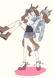 Rule 34 | 2girls, animal ears, beanie, blue ribbon, boots, brown boots, brown hair, brown tail, carrying, closed mouth, commentary request, denim, denim shorts, ears through headwear, full body, grey hat, hair ribbon, hand on another&#039;s back, hand on another&#039;s leg, hand on own neck, hat, high heels, highres, hood, hoodie, horse ears, horse girl, horse tail, jacket, long hair, looking at another, multiple girls, nakayama festa (umamusume), off-shoulder shirt, off shoulder, open clothes, open jacket, princess carry, purple eyes, ribbon, shirt, short shorts, shorts, smile, socks, standing, tail, tosen jordan (umamusume), twintails, umamusume, v-shaped eyebrows, white hoodie, white shirt, white socks, yuzu4io