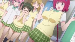 6+girls angry animated animated_gif anime_screenshot black_hair blush bouncing_breasts breasts brown_hair flat_chest glasses indoors kotegawa_yui kurosaki_mea looking_at_breasts medium_breasts momioka_risa multiple_girls nana_asta_deviluke open_mouth pink_hair sairenji_haruna sawada_mio school_uniform small_breasts smile standing to_love-ru to_love-ru_darkness to_love-ru_darkness_2nd twintails