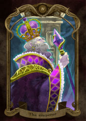 1boy bad_id bad_pixiv_id beard card card_(medium) crown earrings facial_hair frills gem grey_hair jewelry kotetsu_(popeethe) long_nose original profile purple_crown purple_eyes robe staff tarot tarot_(medium) the_emperor_(tarot)