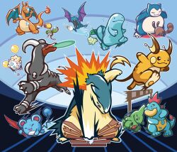 :d ^_^ absurdres artist_request bellsprout black_eyes blue_background breaking charizard chikorita closed_eyes croconaw dog dragon fangs fire flame-tipped_tail gen_1_pokemon gen_2_pokemon golbat happy highres horns houndoom larvitar marill mouth_hold nintendo no_humans official_art open_mouth pokeathlon pokemon pokemon_(creature) pokemon_hgss punching quagsire raichu red_eyes running sentret serious smile snorlax tail tameshiwari third-party_source togepi typhlosion