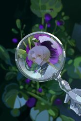 1boy black_shirt blurry blurry_background bolo_tie cabbage_blossom_(the_tale_of_food) closed_mouth curtained_hair expressionless flower glasses gloves gradient_hair green_hair highres holding holding_magnifying_glass lab_coat long_hair looking_at_object looking_at_viewer low_ponytail magnifying_glass male_focus multicolored_hair parted_bangs plant ponytail pov pov_hands procreate_(medium) purple_flower reflection reflection_focus shirt shuling solo the_tale_of_food white_gloves yellow_eyes
