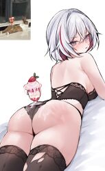 1girl absurdres ass ass_focus back bare_shoulders black_thighhighs blue_eyes commentary cup english_commentary food fruit grey_hair highres honkai:_star_rail honkai_(series) ice_cream_cup lace lace-trimmed_thighhighs lace_trim light_blush lingerie looking_at_viewer lying miclipse multicolored_hair on_stomach photo_inset reference_inset revision short_hair simple_background slap_mark solo spanked strawberry thighhighs thighs topaz_(honkai:_star_rail) underwear underwear_only white_background