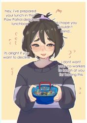 1girl absurdres black_eyes black_hair black_sweater commentary creator_(neneneqo) english_text flying_sweatdrops glasses highres lunchbox mole mole_under_mouth neqo_(neneneqo) nervous_sweating original paw_patrol ponytail raised_inner_eyebrows solo sweat sweater symbol-only_commentary upper_body yellow_background