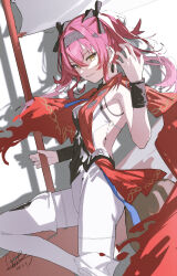 1girl absurdres armor black_bow boots bow breasts cape commentary dated earrings english_commentary from_side hair_between_eyes hair_bow hair_ornament hand_up highres holding holding_polearm holding_weapon jewelry long_hair looking_at_viewer lupa_(wuthering_waves) medium_breasts metal_hairband parted_lips pink_hair polearm qtian red_cape red_pupils signature smile solo tacet_mark_(wuthering_waves) thigh_boots weapon white_boots wrist_guards wuthering_waves yellow_eyes