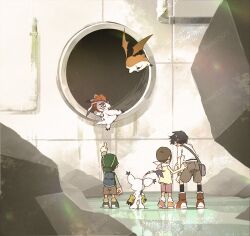 1girl 2boys backpack bag blonde_hair blue_hair body_fur brown_hair brown_shorts cat digimon digimon_adventure gdn0522 gomamon green_hat green_shirt group_picture hat head_wings kido_jo multiple_boys orange_fur patamon pink_shorts shirt short_hair shorts standing tail tail_ornament tail_ring tailmon takaishi_takeru white_fur wings yagami_hikari yellow_shirt