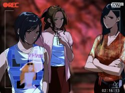 3girls aerith_gainsborough alternate_costume amikoiiko bare_shoulders battery_indicator black_hair blurry blurry_background brown_eyes brown_hair choker closed_mouth commentary crossed_arms earrings final_fantasy final_fantasy_vii final_fantasy_vii_rebirth final_fantasy_vii_remake green_eyes hair_ribbon highres jewelry long_hair looking_at_viewer media_player_interface multiple_girls open_clothes open_shirt orange_shirt parody parted_lips pink_ribbon pink_shirt recording red_eyes red_skirt ribbon shirt short_hair short_sleeves single_earring skirt sleeveless sleeveless_shirt standing swept_bangs symbol-only_commentary the_fear_(videogame) tifa_lockhart timestamp upper_body video_camera white_shirt yuffie_kisaragi