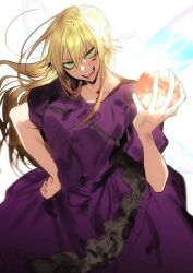 1girl blonde_hair dress green_eyes hand_up kuro_no_maou lily_(kuro_no_maou) long_hair looking_at_viewer open_mouth orb pointy_ears purple_dress simple_background smile very_long_hair white_background