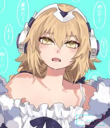 1girl absurdres bare_shoulders blonde_hair blue_background breasts camisole commentary dress fate/grand_order fate_(series) headphones highres jeanne_d&#039;arc_(fate) long_hair looking_at_viewer metatron_jeanne_(fate) mmms_1234oo nightgown open_mouth shadow sleepwear solo speech_bubble watermark white_camisole white_dress yellow_eyes