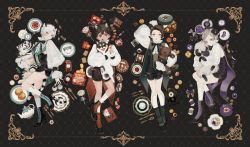 4boys animal animal_ears animal_hug ankle_boots arm_up artist_name bag_of_chips bear bear_boy bear_ears beret between_legs black_background black_bow black_bowtie black_hair black_headwear black_shorts blouse blueberry book boots border bow bowtie box braid braided_bangs buttons candy cape checkerboard_cookie child chips_(food) chocolate chocolate_bar chocolate_chip_cookie clock closed_mouth collared_shirt cookie creamer_(vessel) crossed_legs cup cupcake dog dog_boy dog_ears dog_tail embroidery embroidery_hoop flower food food_request food_wrapper fork from_above fruit full_body gem gold_trim green_eyes green_footwear green_theme gummy_bear hat high_heel_boots high_heels highres horns jam jar knee_up kneehighs knife lace lace-trimmed_shirt lace_trim lollipop long_sleeves looking_at_viewer lying male_focus matching_outfits mege_(megechan) multiple_boys napkin needle on_back on_side original pendulum_clock plate polka_dot potato_chips profile puffy_long_sleeves puffy_sleeves purple_cape purple_eyes purple_flower purple_footwear purple_theme red_eyes red_footwear red_gemstone red_theme saucer scissors sewing_needle sheep sheep_boy sheep_horns shirt short_hair short_jumpsuit shorts single_braid sleeves_past_wrists smile snack socks spool spoon sugar_bowl sugar_cube swirl_lollipop tail tail_between_legs tailcoat tea tea_set teacup teapot thread tiger tiger_boy tiger_ears tiger_tail white_hair white_legwear white_shirt white_tiger yarn yellow_flower
