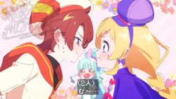 Rule 34 | 1boy, 2girls, :t, aqua brooch, aqua hair, aqua hat, bare shoulders, beret, black shirt, blonde hair, blue eyes, blunt bangs, blurry, blurry background, bow, bow earrings, bowtie, braid, brooch, brown eyes, brown hair, buttons, capelet, closed mouth, clothing cutout, collared capelet, confession, cure friendy, cure lillian, deerstalker, dress, earrings, eye contact, eyelashes, face-to-face, floral border, frilled headwear, gloves, hairband, hand on own hip, hat, hat bow, heart, heart brooch, hetero, high side ponytail, imminent kiss, interlocked fingers, inukai iroha, jewelry, large bow, long hair, looking at another, low twin braids, magical boy, magical girl, mini hat, mini top hat, multiple girls, nekoyashiki mayu, open mouth, orange sailor collar, outside border, own hands together, pink background, pink bow, pink bowtie, pointy nose, precure, purple bow, purple brooch, purple capelet, purple eyes, purple hairband, purple hat, robe, sailor collar, serizawa serizane, shirt, short dress, short hair, shoulder cutout, single stripe, striped bow, striped bowtie, striped clothes, sweatdrop, tareme, top hat, toyama satoru, turtleneck, turtleneck shirt, twin braids, twitter username, very long hair, watermark, watermark grid, wavy mouth, white bow, white bowtie, white dress, white gloves, white hat, white robe, wonderful precure!, yellow pupils