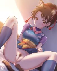 Rule 34 | 1girl, a-plug, anal tail, animal ears, bed, brown eyes, brown hair, butt plug, cat ears, cleft of venus, fake tail, female pubic hair, highres, japanese clothes, lifting own clothes, looking at viewer, nanase (arika), no panties, presenting, pubic hair, pussy, sitting, solo, street fighter, street fighter ex (series), tail, uncensored