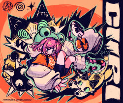 1girl artist_collaboration artist_name black_shorts cat crisalys halftone highres long_sleeves original pink_hair shoes shorts sleeves_past_wrists socks solo spike_ball white_socks