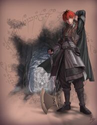 1boy absurdres axe black_footwear black_gloves black_pants brown_background cape closed_mouth echo!_(tilapiawest) fingerless_gloves gloves highres pants red_eyes red_hair robe solo sousou_no_frieren stark_(sousou_no_frieren) the_lord_of_the_rings tolkien&#039;s_legendarium tree