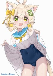 1boy ahoge animal_ear_fluff animal_ears artist_name blonde_hair blue_one-piece_swimsuit blue_sailor_collar blush bow cat_boy cat_ears cat_tail clothes_lift commentary_request covered_navel crossdressing crossdressing_(mtf) dress dress_lift fang fish_hair_ornament green_eyes hair_bow hair_ornament hair_tubes hairclip hazakura_hinata heterochromia highres kaya_(hazakura_hinata) lifting_own_clothes looking_at_viewer male_focus neckerchief old_school_swimsuit one-piece_swimsuit open_mouth original parallel_hairclips sailor_collar school_swimsuit short_hair short_sleeves signature smile solo swimsuit swimsuit_under_clothes tail trap white_dress yellow_bow yellow_eyes yellow_neckerchief