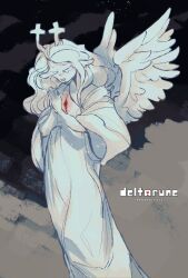 Rule 34 | 1girl, angel wings, animal ears, antlers, blood, blood on chest, blood on clothes, closed eyes, deep wound, deer antlers, deer ears, deer girl, deltarune, feathered wings, highres, horns, injury, long hair, monochrome, noelle holiday, own hands together, palms together, pathosketches, praying, reindeer girl, solo, spot color, wavy hair, weird route (deltarune), wings