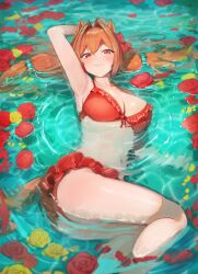 1girl absurdres amepa_(ame_pinecandy) animal_ears arm_up armpits ass bikini bikini_skirt blush bow breasts brown_hair cleavage collarbone commentary_request daiwa_scarlet_(trifle_vacation)_(umamusume) daiwa_scarlet_(umamusume) feet_out_of_frame film_grain flower flower_on_liquid frilled_bikini frills hair_between_eyes hair_bobbles hair_bow hair_intakes hair_ornament highres horse_ears horse_girl horse_tail large_breasts legs long_hair looking_at_viewer lying lying_on_water navel official_alternate_costume on_side partially_submerged red_bikini red_bow red_eyes red_flower red_rose revision rose smile solo swimsuit tail thighs twintails umamusume very_long_hair water wet wet_hair yellow_flower yellow_rose