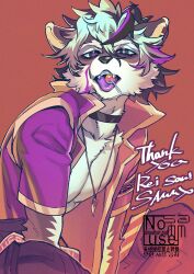 1boy absurdres black_eyes blue_hair body_fur brown_fur colored_tongue commentary_request furry furry_male high_collar highres jacket jewelry lollipop_in_mouth looking_at_viewer male_focus mismatched_pupils mouth_hold multicolored_hair necklace open_clothes open_jacket original purple_jacket purple_tongue raccoon_boy red_background sammy_(freezingsammy) short_hair simple_background sitting solo streaked_hair toned toned_male tongue tongue_out tooth_necklace upper_body white_fur