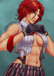 1girl absurdres breasts corvusglaive99 curvy female_focus formal_clothes gloves highres large_breasts leather medium_breasts no_bra open_clothes pants red_eyes red_hair see-through_clothes shirt short_hair standing suspenders the_king_of_fighters thick_lips thighs unbuttoned unbuttoned_shirt underboob undressing vanessa_(kof) white_shirt wide_hips