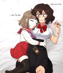 1boy 1girl bandaid black_hair breasts brown_hair crossdressing english_text goth_fashion highres large_breasts original pale_skin phone ribbon sailor_moon school_uniform short_hair shorter_male skirt smile tall_female taller_female trap