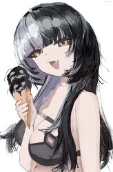 1girl adapted_costume arm_between_breasts between_breasts bikini black_bikini black_hair breasts commentary fang food grey_hair highres holding holding_food holding_ice_cream hololive hololive_english ice_cream ice_cream_cone kozimo123456 large_breasts long_hair looking_at_viewer multicolored_hair shiori_novella shiori_novella_(1st_costume) simple_background solo split-color_hair swimsuit two-tone_hair virtual_youtuber white_background yellow_eyes yorick_(shiori_novella)