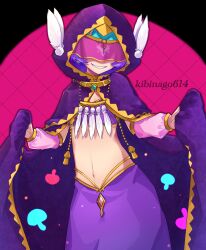 1girl absurdres artist_name blindfold cloak commentary_request covered_eyes detached_sleeves fate/grand_order fate_(series) feathers green_hair highres hood hood_up hooded_cloak kibinago_(kibinago614) locusta_(fate) locusta_(first_ascension)_(fate) midriff multicolored_hair mushroom navel pink_background pink_veil purple_cloak purple_hair purple_skirt sharp_teeth skirt smile solo teeth two-tone_hair veil veil_over_eyes white_feathers