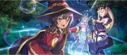 Rule 34 | + +, 3girls, :3, animal costume, animal ear fluff, animal ears, aqua (konosuba), arabian clothes, bare shoulders, belt, black cape, black collar, black hat, blonde hair, blue eyes, blue hair, blue thighhighs, breast tattoo, breasts, broken, broken chain, brown hair, cape, chain, circlet, cleavage, clenched hand, closed eyes, cloud, collar, crossed arms, cuffs, dancer, darkness (konosuba), dress, excited, fingerless gloves, game cg, gloves, glowing, hair rings, hand up, hat, high ponytail, highres, kono subarashii sekai ni shukufuku wo!, konosuba! fantastic days, lens flare, light rays, long hair, looking at viewer, medium breasts, megumin, multiple girls, navel, night, night sky, official art, open mouth, outdoors, pelvic curtain, pointing, ponytail, red dress, red eyes, shackles, short hair with long locks, single hair ring, sky, smile, sparkle, star (sky), starry sky, stomach, tail, tattoo, thigh belt, thigh strap, thighhighs, third-party source, tree, wide brim, witch hat, wolf costume, wolf ears, wolf tail