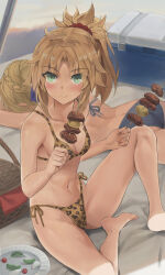 2girls animal_print artoria_pendragon_(fate) bare_shoulders bikini blonde_hair blue_bikini blush braid breasts brown_bikini eating fate/grand_order fate_(series) food green_eyes hair_ornament hair_scrunchie highres leopard_print long_hair looking_at_viewer mordred_(fate) multiple_girls navel parted_bangs ponytail red_scrunchie saber_(fate) scrunchie sidelocks skewer small_breasts swimsuit tonee variant_set