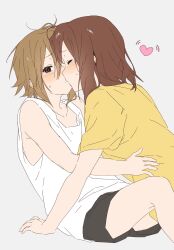 2girls black_shorts blush brown_hair closed_eyes collared_shirt hand_on_floor heart heart_background highres hirasawa_yui holding k-on! kiss knee_up knees looking_at_viewer messy_hair multiple_girls shaofangziran shirt short_hair short_sleeves shorts simple_background sleeveless sweat sweatdrop t-shirt tainaka_ritsu thighs upper_body white_background white_shirt yellow_shirt yuri