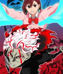 1boy 1girl alien ayase_momo black_jacket bow bowtie brown_eyes brown_hair collared_shirt colored_skin dandadan earrings facial_mark floating_earrings gakuran ghost glasses grey_skin hair_behind_ear hair_between_eyes hashtag-only_commentary highres jacket jewelry light_blush long_sleeves mask mouth_mask multicolored_hair outstretched_arms parted_lips pink_sweater red_bow red_bowtie red_eyes red_hair round_eyewear school_uniform serpo_(dandadan) shirt sweater takakura_ken_(dandadan) takakura_ken_(transformed)_(dandadan) tk1129dane27 transformation turbo_granny_(dandadan) two-tone_hair upper_body white_hair white_shirt
