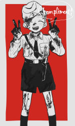 1boy ^_^ armband belt border breast_pocket buttons child closed_eyes collared_shirt commentary_request dagger diamond_(shape) dirty dirty_clothes dirty_face dirty_feet dirty_hands double_v emblem facing_viewer feet_out_of_frame fingernails garrison_cap german_commentary greyscale_with_colored_background hat highres knife komati_xmbtx male_focus nazi necktie open_mouth original outside_border pocket red_background sam_browne_belt sheath shirt short_hair shorts simple_background socks solo standing uniform v very_short_hair weapon white_border