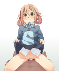1boy 1girl bad_link bar_censor blush brown_eyes censored clothes_lift ga_geijutsuka_art_design_class girl_on_top grinding hair_ornament hairclip jacket legs looking_at_viewer no_panties noda_miki orange_hair penis school_uniform short_hair skirt skirt_lift smile standard_(nijie) track_jacket twintails white_background